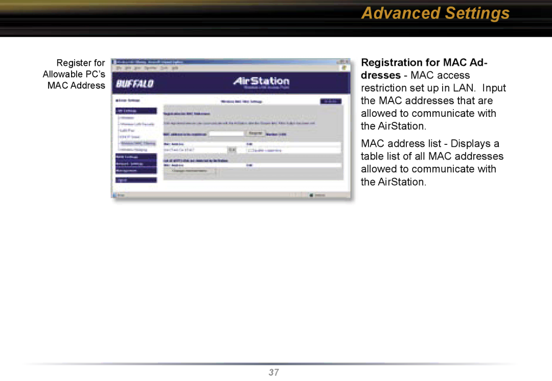 Buffalo Technology WBR2-G54 user manual Register for Allowable PC’s MAC Address 