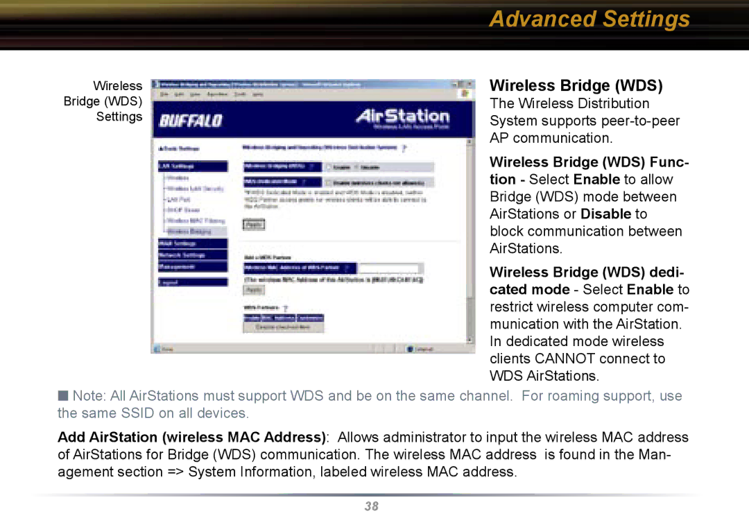 Buffalo Technology WBR2-G54 user manual Advanced Settings, Wireless Bridge WDS 