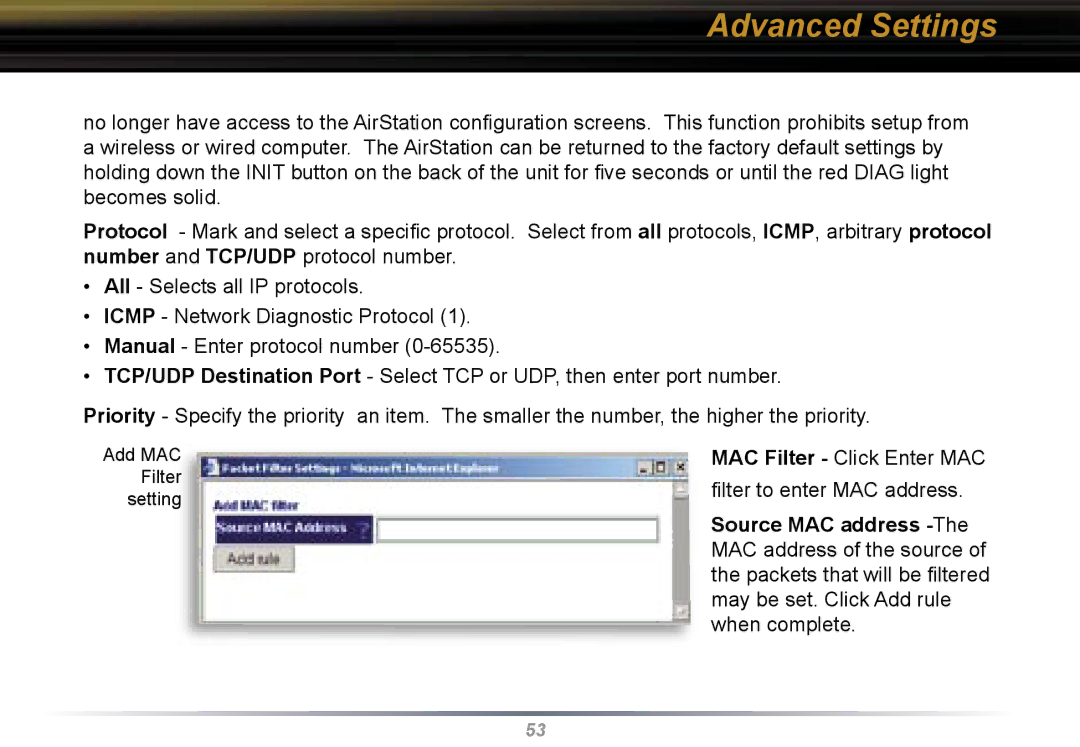 Buffalo Technology WBR2-G54 user manual MAC Filter Click Enter MAC ﬁ lter to enter MAC address 