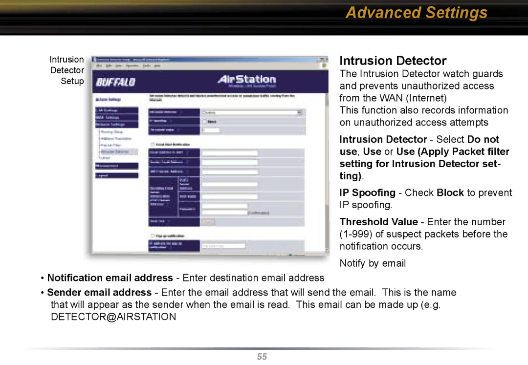 Buffalo Technology WBR2-G54 user manual Intrusion Detector Select Do not, Use , Use or Use Apply Packet ﬁlter, Ting 