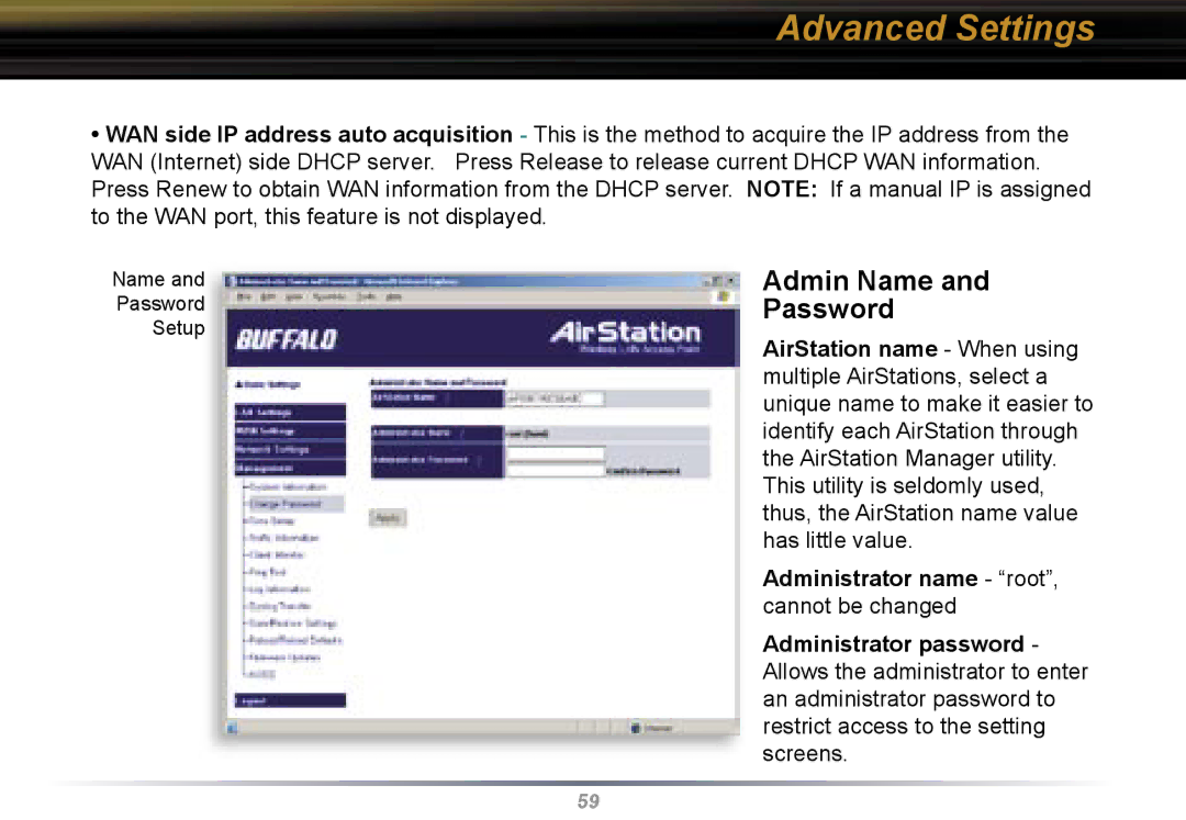 Buffalo Technology WBR2-G54 user manual Admin Name Password 