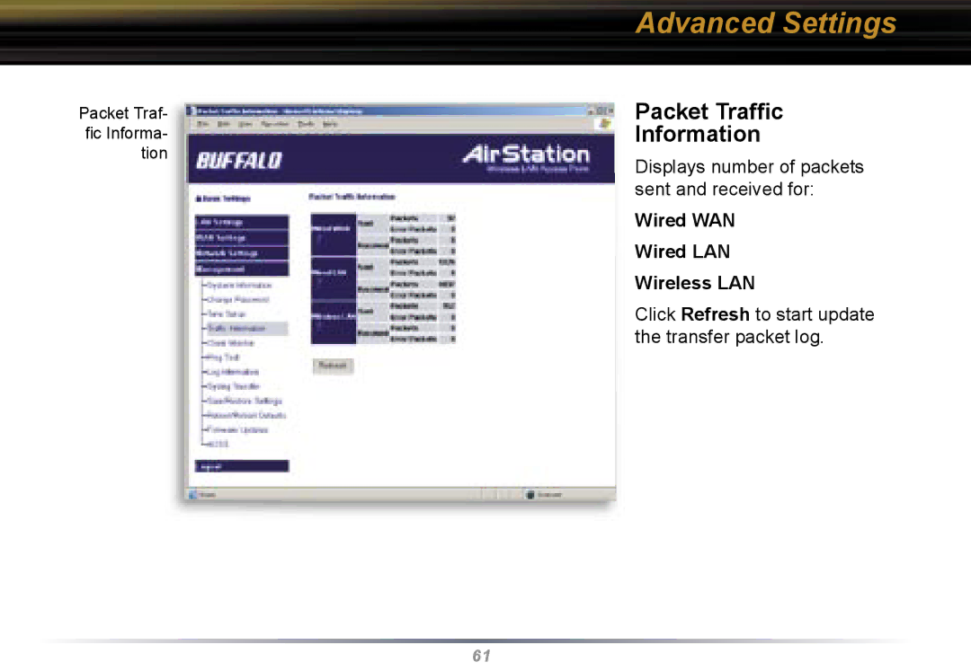 Buffalo Technology WBR2-G54 user manual Packet Trafﬁc Information, Wired WAN Wired LAN Wireless LAN 