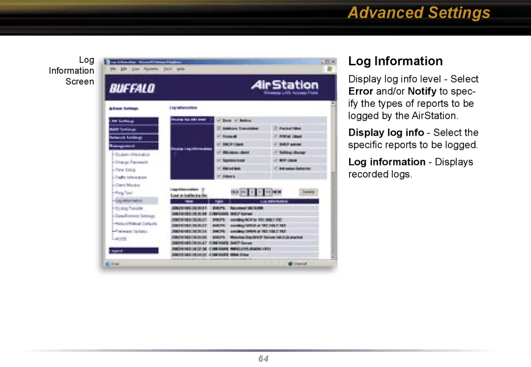 Buffalo Technology WBR2-G54 user manual Log Information, Display log info Select, Log information Displays 