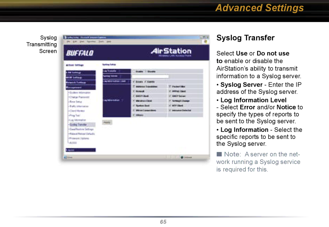 Buffalo Technology WBR2-G54 Syslog Transfer, Select Use or Do not use, Log Information Level, Log Information Select 