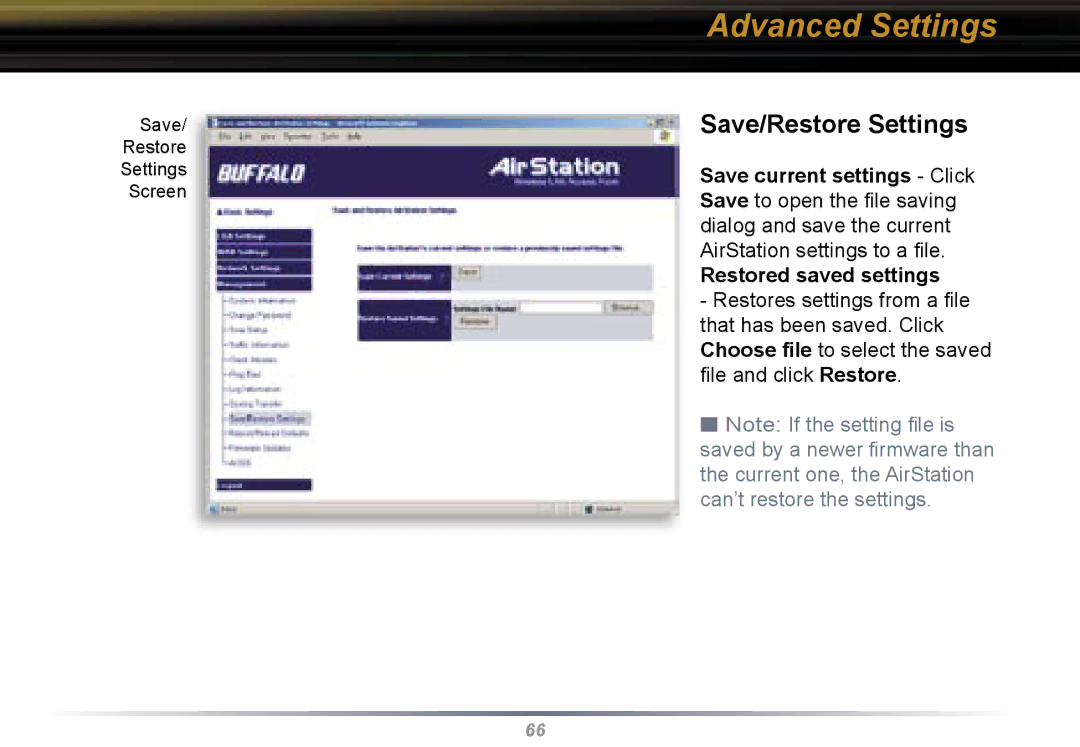 Buffalo Technology WBR2-G54 user manual Save/Restore Settings 