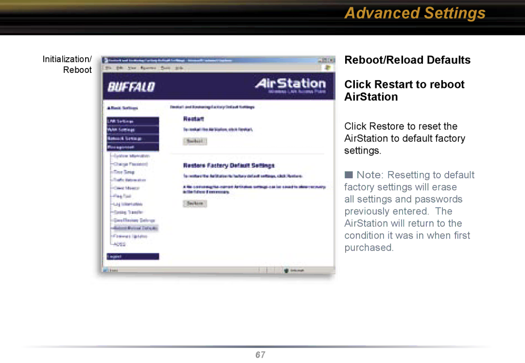 Buffalo Technology WBR2-G54 user manual Reboot/Reload Defaults Click Restart to reboot AirStation 