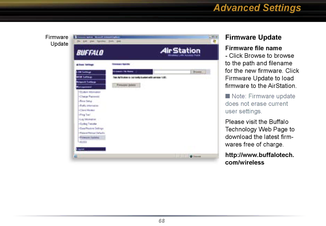 Buffalo Technology WBR2-G54 user manual Firmware Update, Firmware ﬁle name, Com/wireless 