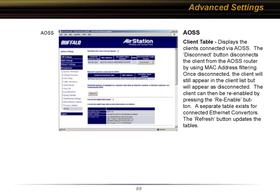 Buffalo Technology WBR2-G54 user manual Aoss, Client Table Displays 