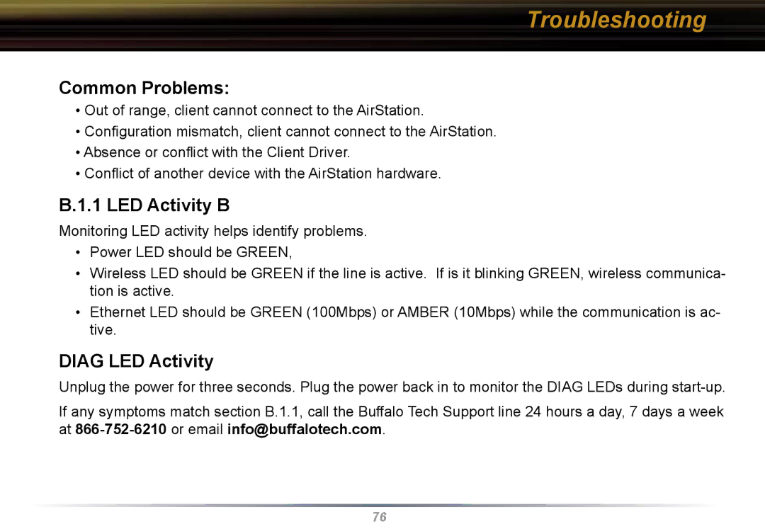 Buffalo Technology WBR2-G54 user manual Troubleshooting, Common Problems, LED Activity B, Diag LED Activity 