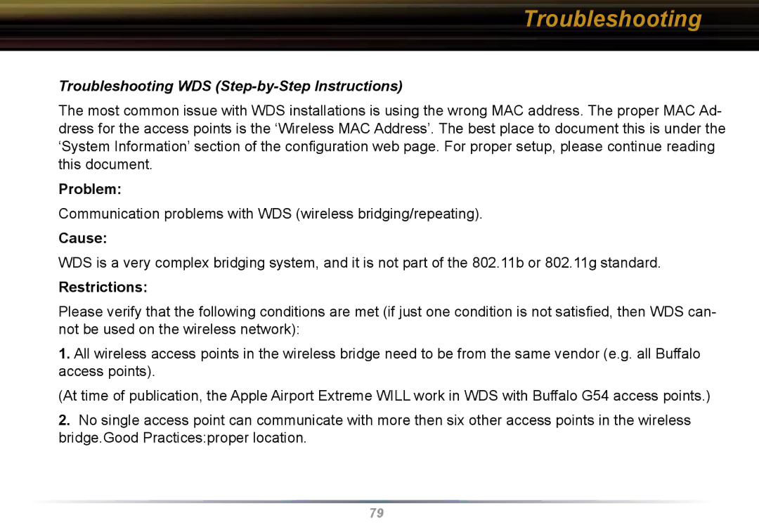 Buffalo Technology WBR2-G54 user manual Problem, Cause, Restrictions 