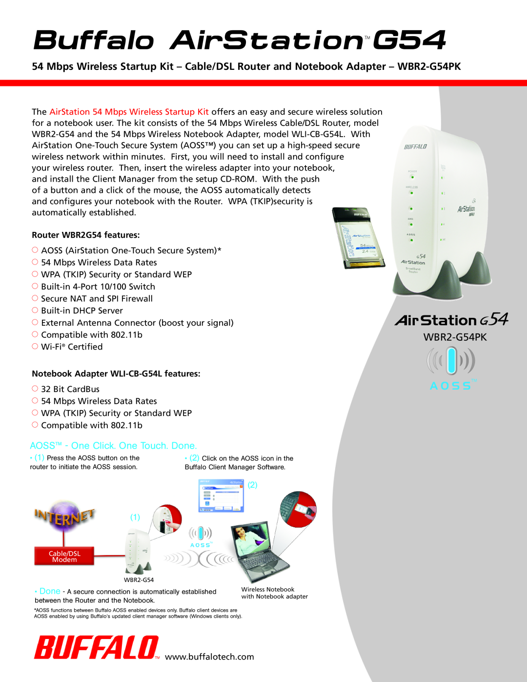 Buffalo Technology WBR2-G54PK manual Buffalo AirStationG54, AOSS - One Click. One Touch. Done, Router WBR2G54 features 