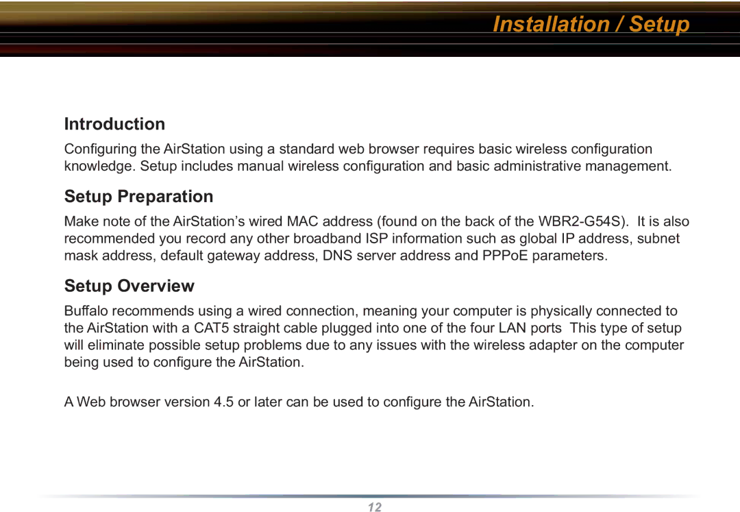 Buffalo Technology WBR2-G54S user manual Introduction, Setup Preparation, Setup Overview 