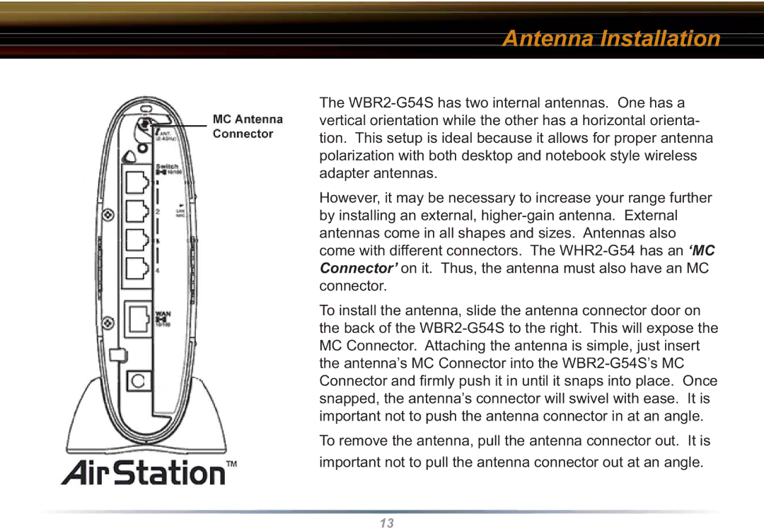 Buffalo Technology WBR2-G54S user manual Antenna Installation 