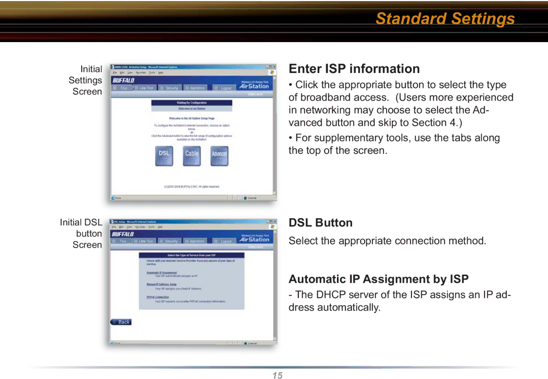 Buffalo Technology WBR2-G54S user manual Enter ISP information, DSL Button, Automatic IP Assignment by ISP 