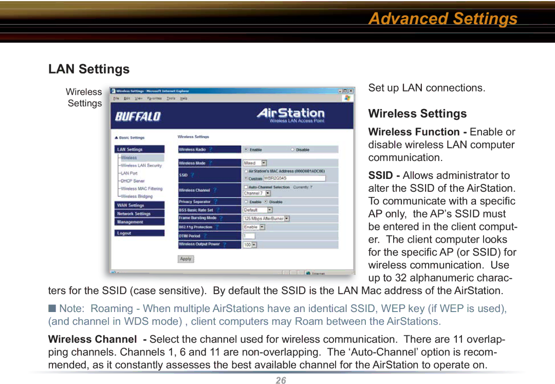 Buffalo Technology WBR2-G54S user manual Advanced Settings, LAN Settings, Wireless Settings, Wireless Function Enable or 