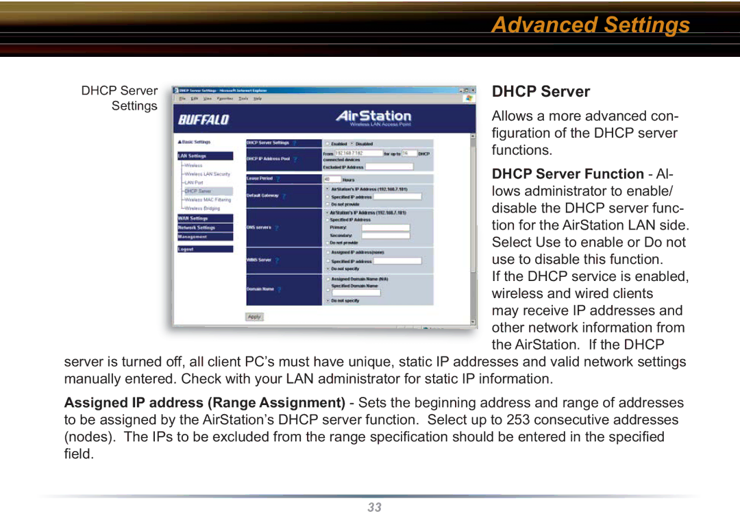 Buffalo Technology WBR2-G54S user manual Dhcp Server 