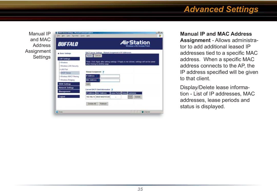 Buffalo Technology WBR2-G54S user manual Manual IP MAC Address Assignment Settings 