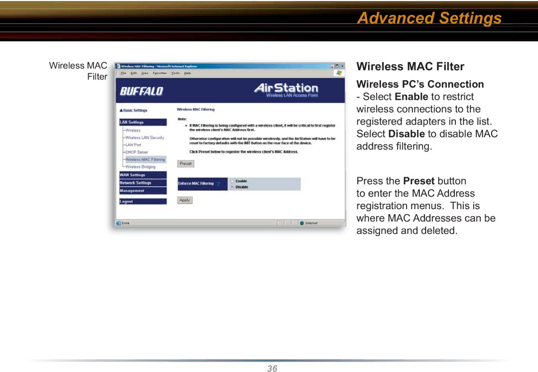 Buffalo Technology WBR2-G54S user manual Wireless MAC Filter, Wireless PC’s Connection 