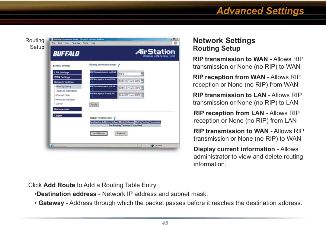 Buffalo Technology WBR2-G54S user manual Network Settings, Routing Setup 