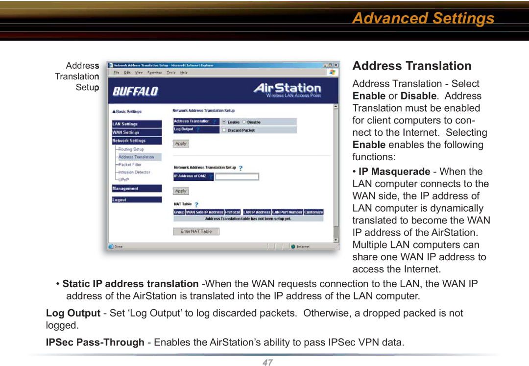 Buffalo Technology WBR2-G54S user manual Address Translation, Enable or Disable . Address, IP Masquerade When 