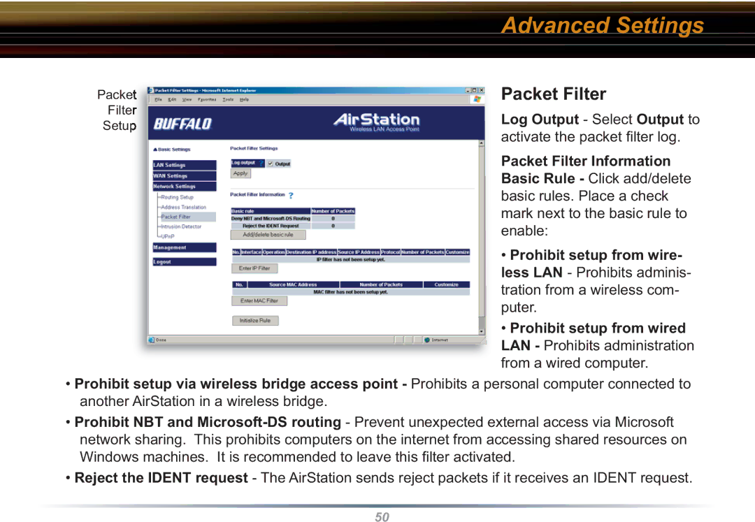 Buffalo Technology WBR2-G54S user manual Packet Filter, Log Output Select Output to 