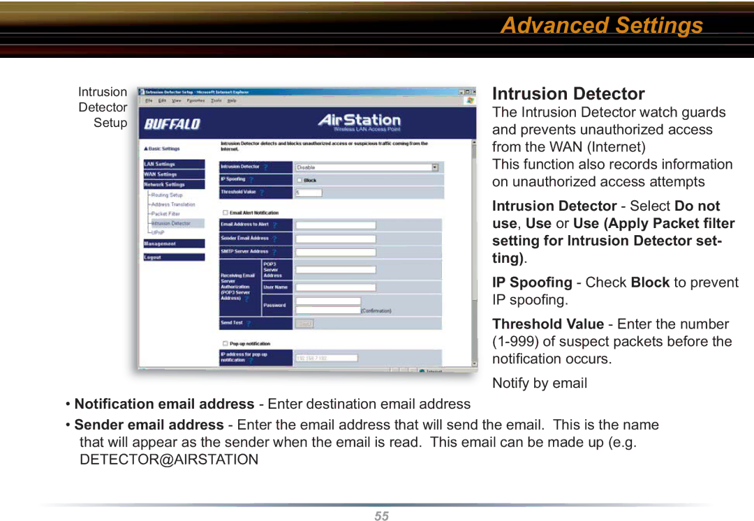 Buffalo Technology WBR2-G54S user manual Intrusion Detector, Detector@Airstation 