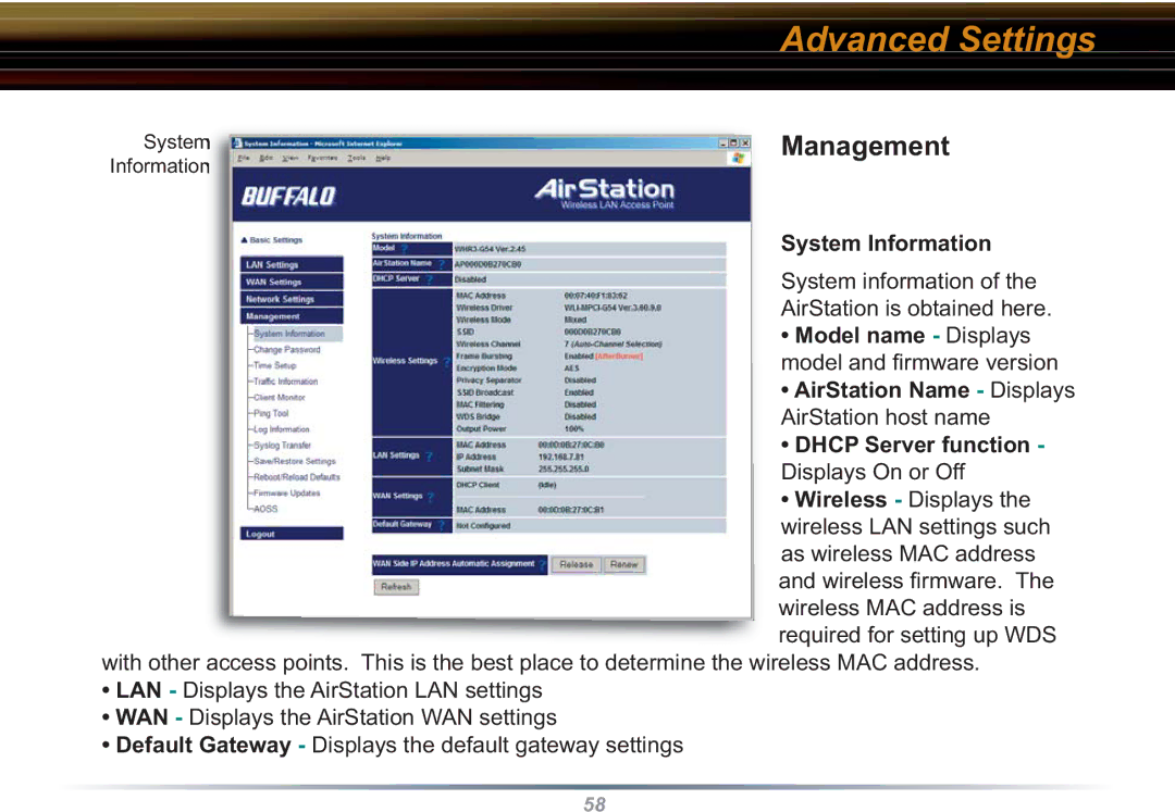 Buffalo Technology WBR2-G54S user manual Management, System Information 