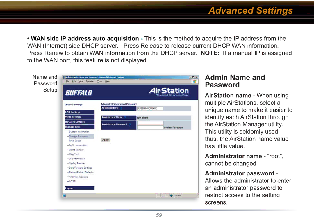 Buffalo Technology WBR2-G54S user manual Admin Name Password 