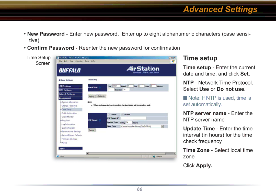 Buffalo Technology WBR2-G54S user manual Time setup, Select Use or Do not use, NTP server name Enter 