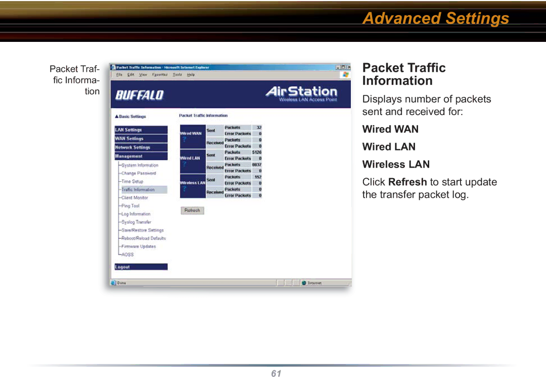 Buffalo Technology WBR2-G54S user manual Packet Trafﬁc Information, Wired WAN Wired LAN Wireless LAN 