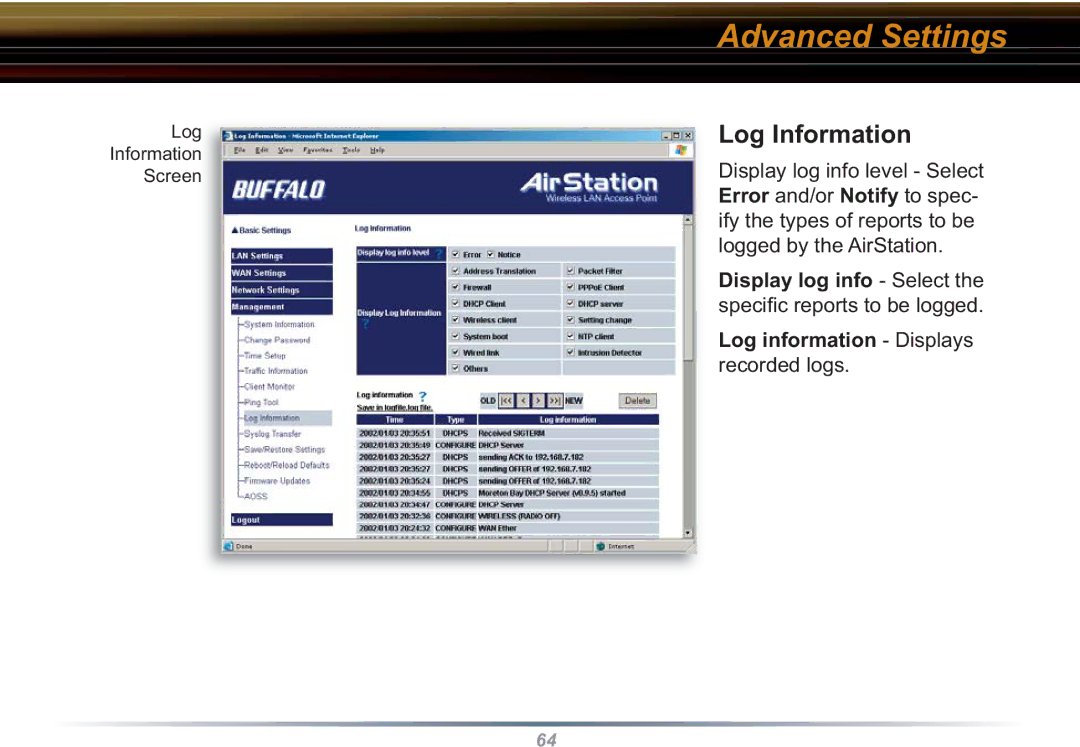 Buffalo Technology WBR2-G54S user manual Log Information, Display log info Select, Log information Displays 