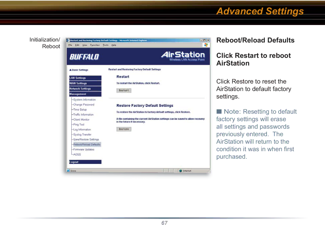 Buffalo Technology WBR2-G54S user manual Reboot/Reload Defaults, Click Restart to reboot, AirStation 