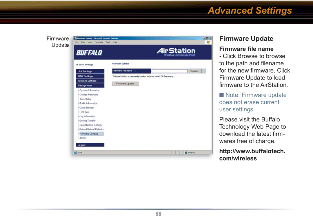 Buffalo Technology WBR2-G54S user manual Firmware Update, Firmware ﬁle name, Com/wireless 