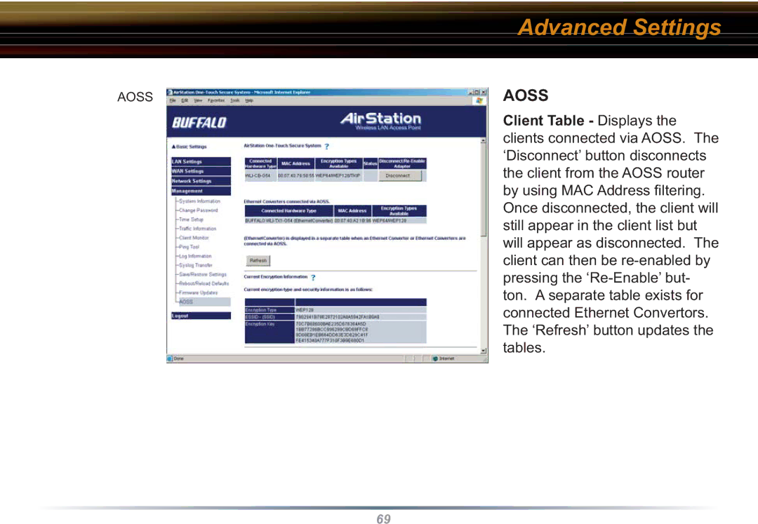 Buffalo Technology WBR2-G54S user manual Aoss, Client Table Displays 