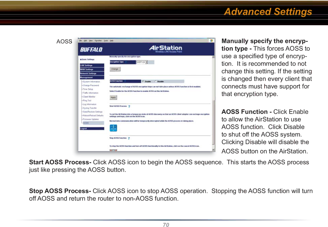 Buffalo Technology WBR2-G54S user manual Manually specify the encryp, Aoss Function Click Enable 