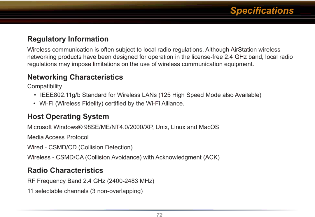 Buffalo Technology WBR2-G54S user manual Regulatory Information, Networking Characteristics, Host Operating System 