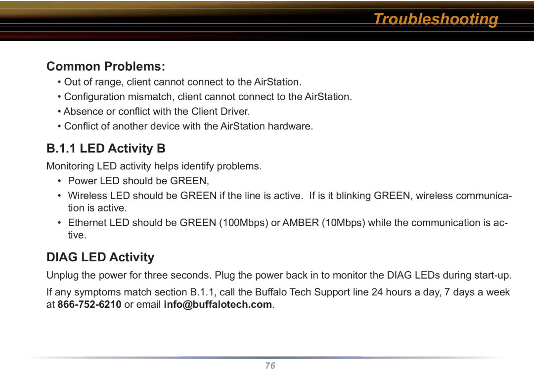 Buffalo Technology WBR2-G54S user manual Troubleshooting, Common Problems, LED Activity B, Diag LED Activity 