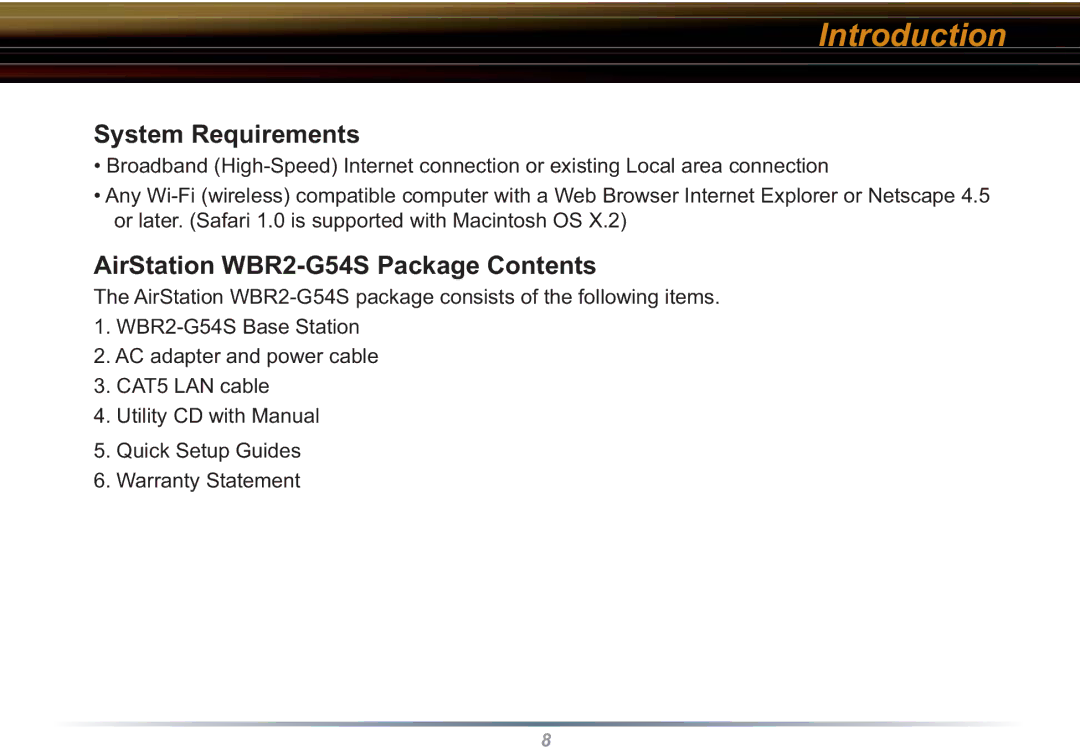 Buffalo Technology user manual System Requirements, AirStation WBR2-G54S Package Contents 