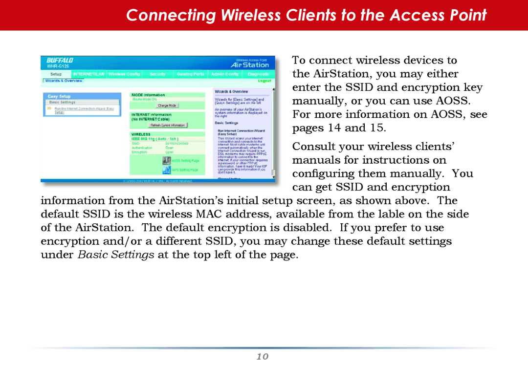 Buffalo Technology WHR-G125 user manual Connecting Wireless Clients to the Access Point 