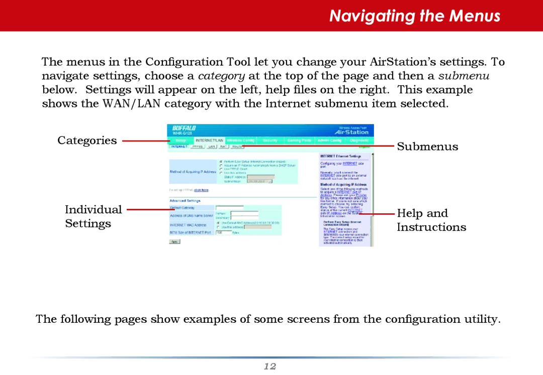 Buffalo Technology WHR-G125 user manual Navigating the Menus 