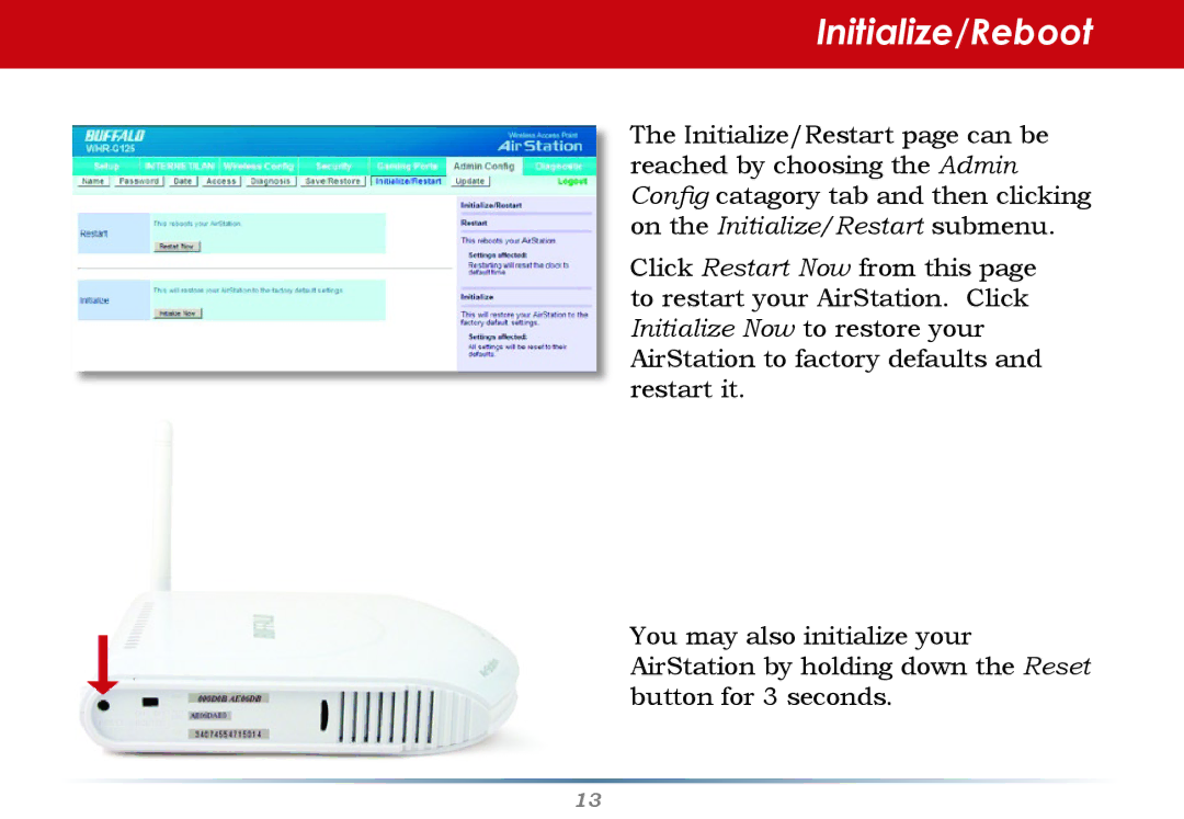 Buffalo Technology WHR-G125 user manual Initialize/Reboot 