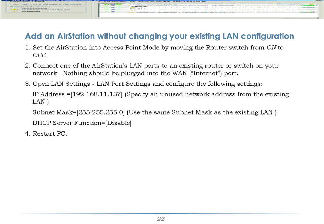 Buffalo Technology WHR-G125 user manual Connecting to a Preexisting Network 