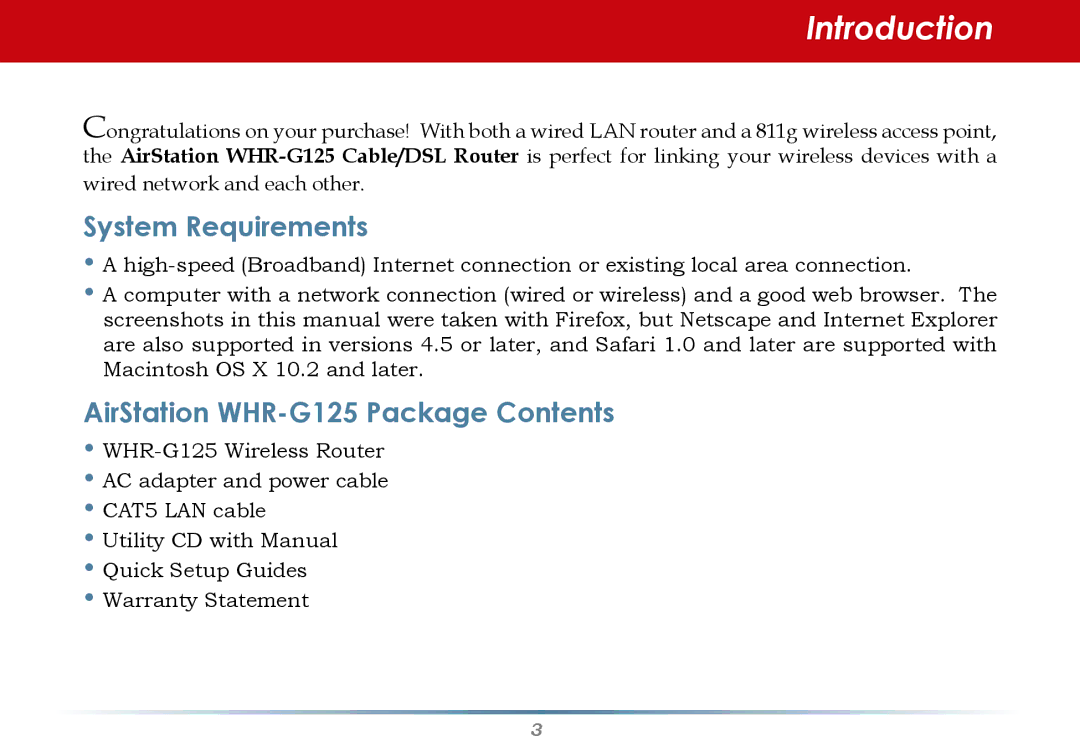 Buffalo Technology WHR-G125 user manual Introduction, System Requirements 