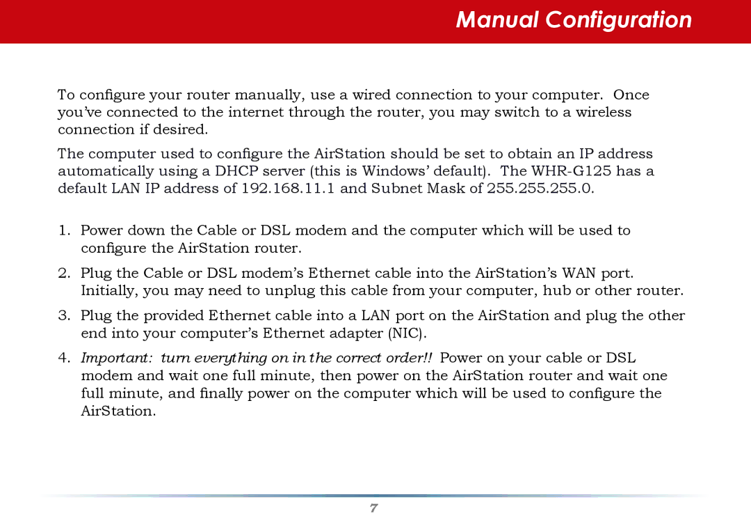 Buffalo Technology WHR-G125 user manual Manual Configuration 