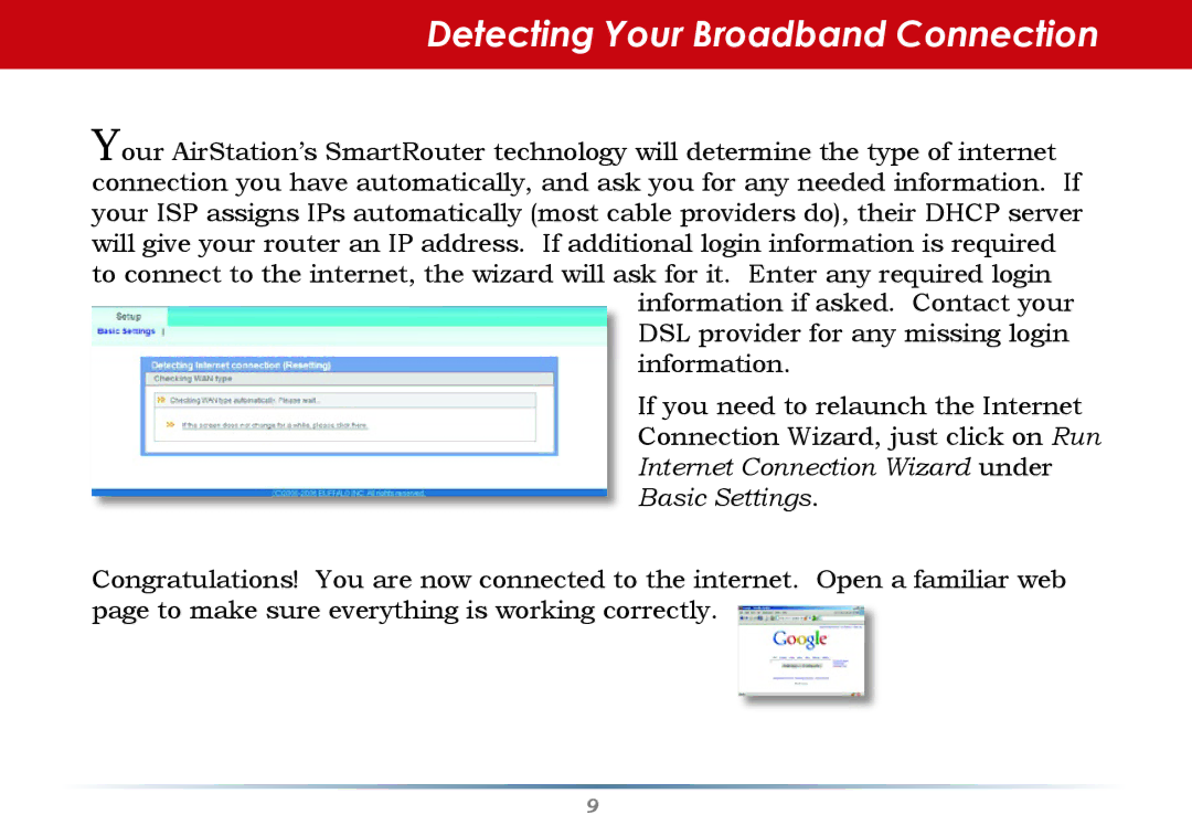 Buffalo Technology WHR-G125 Detecting Your Broadband Connection, Internet Connection Wizard under Basic Settings 