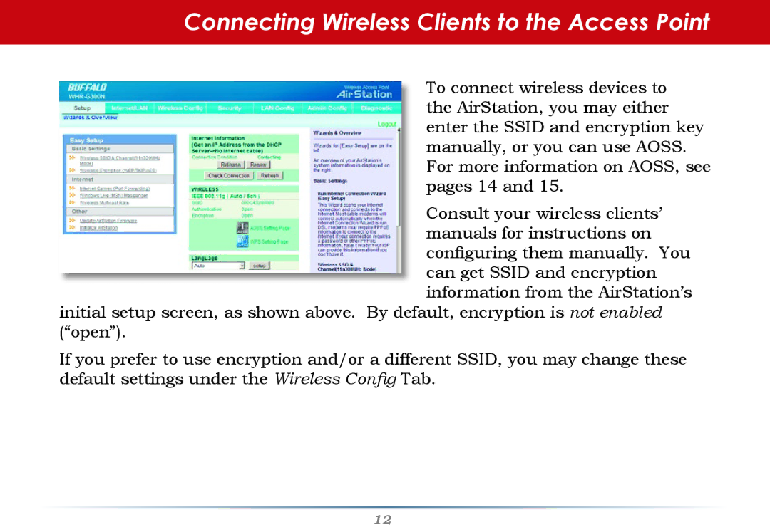 Buffalo Technology WHR-G300N-US user manual Connecting Wireless Clients to the Access Point 