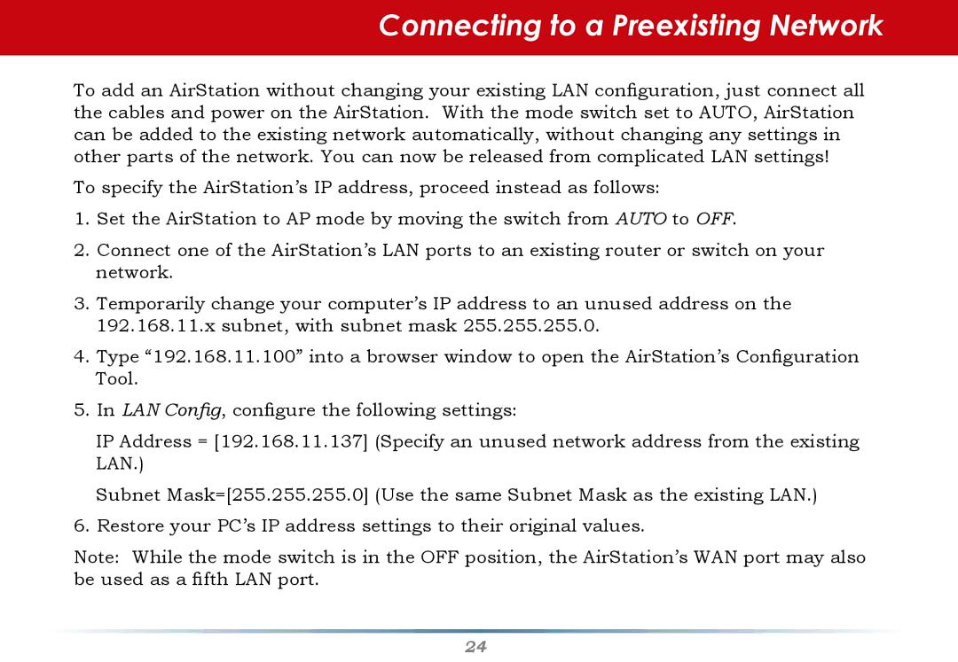 Buffalo Technology WHR-G300N-US user manual Connecting to a Preexisting Network 