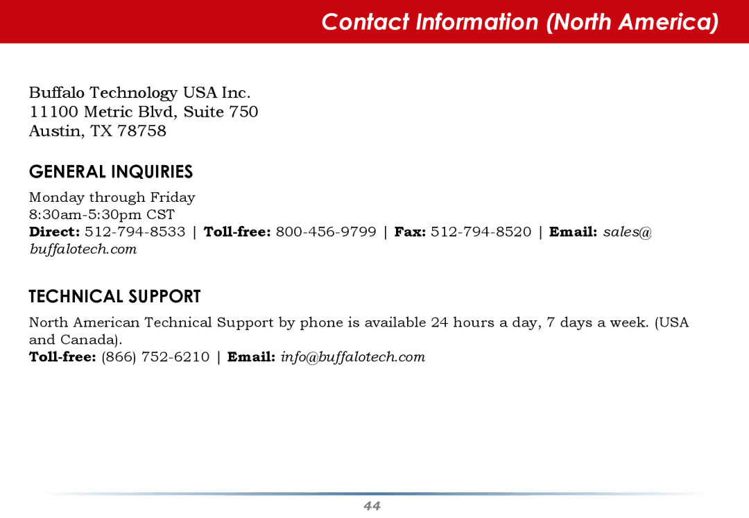 Buffalo Technology WHR-G300N-US user manual Contact Information North America, General Inquiries 