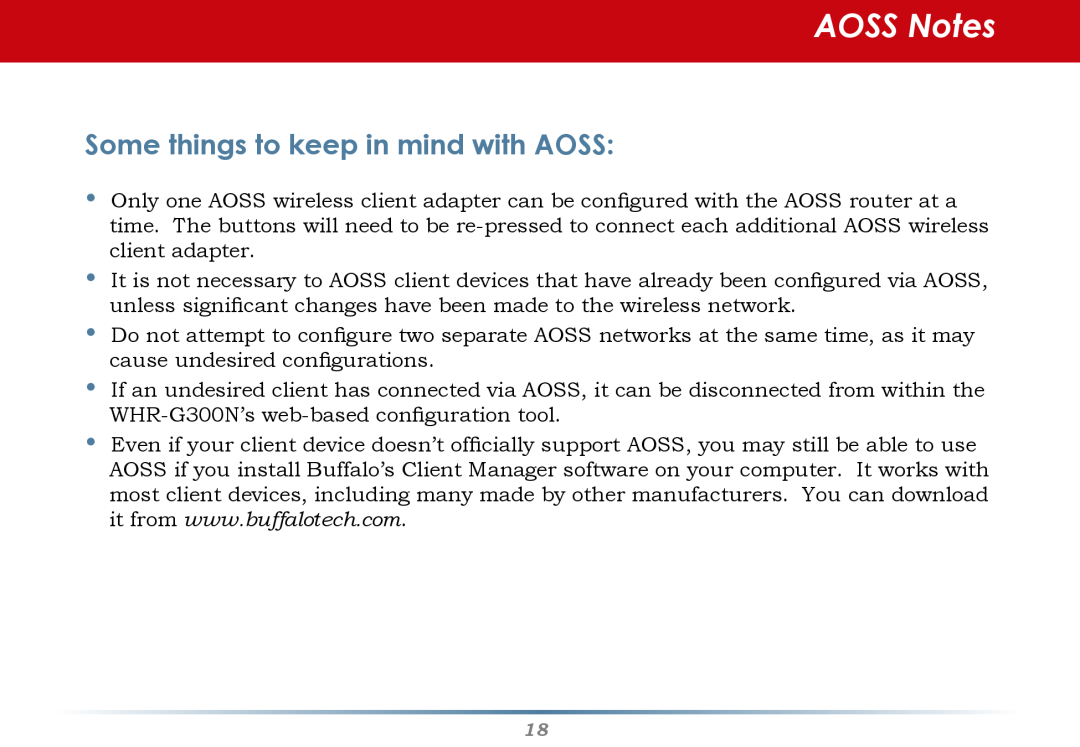 Buffalo Technology WHR-G300N-US user manual AOSS Notes, Some things to keep in mind with AOSS 