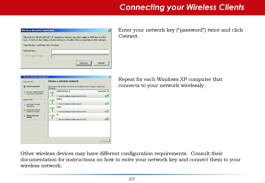Buffalo Technology WHR-G300N Connecting your Wireless Clients, Enter your network key “password” twice and click 